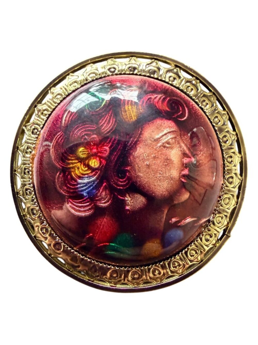Vintage 1950s Reverse Carved Lucite Renaissance Lady Brooch New Old Stock